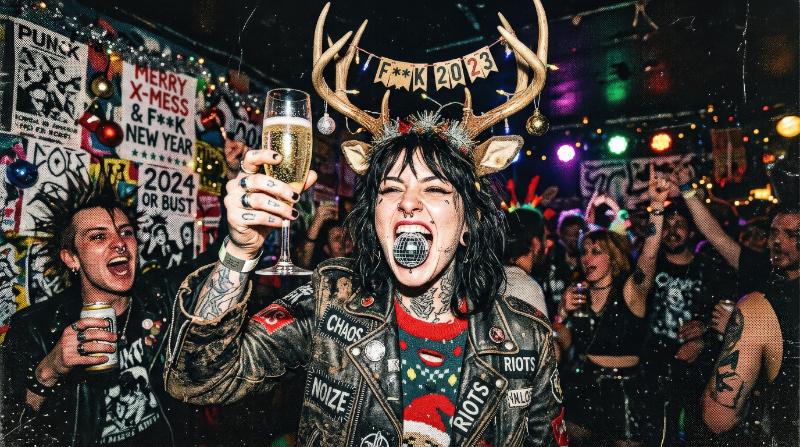 A gritty Christmas and New Year set with champagne toast disco ball mouth and deer antlers, stippled punk collage texture, festive rebellious mood, ultra-realistic, no logos.