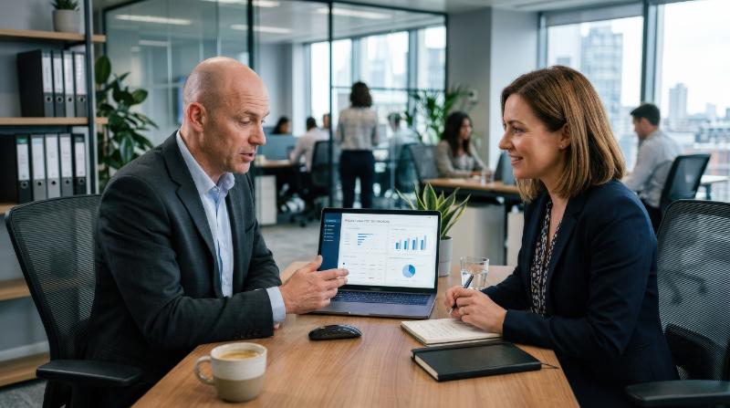 A bald businessman discussing work over a computer with a female colleague in an office, attentive expressions, sleek desk setup, cool office tones, collaborative atmosphere, ultra-realistic, no