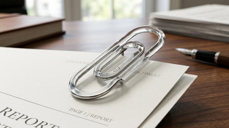 A liquid-glass paperclip icon with polished metal-like clarity, elegant office detail and a clean attachment-link atmosphere, ultra-realistic, no logos.
