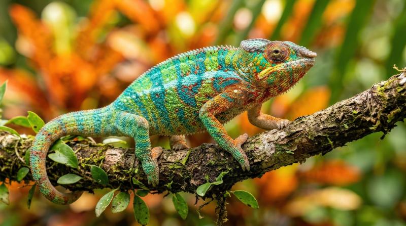 A colorful chameleon perched on a branch against a vibrant orange background, textured scales, lively playful setting, vivid tropical mood, ultra-realistic, no logos.