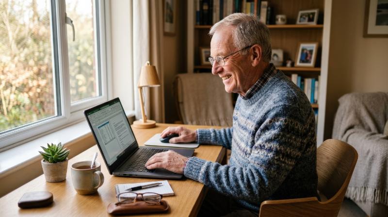 A cheerful senior man working on a laptop at a home office, bright smile, tidy desk, warm daylight through the window and calm productive atmosphere, ultra-realistic, no logos.