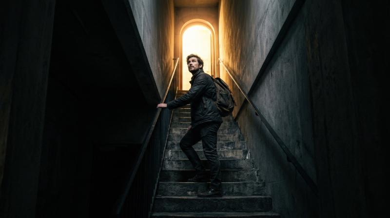 A man on a dark staircase looking toward a glowing entry, deep shadows, stark lines, radiant doorway and a strategic atmosphere of vision, goals, and reaching success, ultra-realistic, no logos.