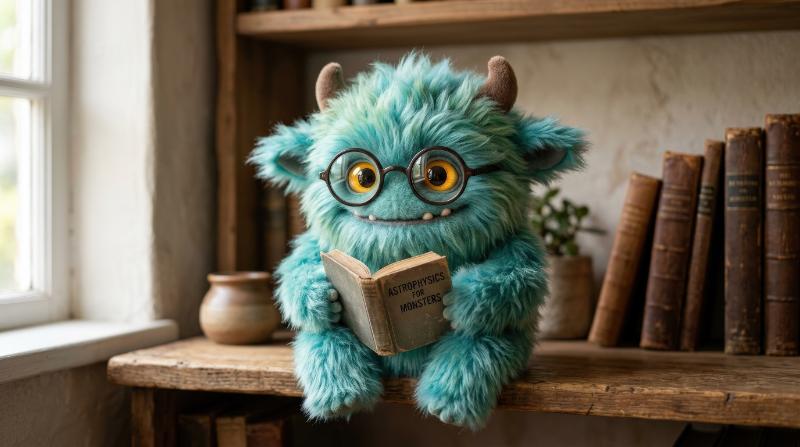 A cute monster wearing glasses, fluffy texture, bright eyes, simple backdrop, quirky intelligent charm, ultra-realistic, no logos.