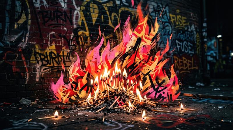 Stylized fire elements with graffiti texture, burning matches and pink-orange flames against a dark background, edgy urban energy, ultra-realistic, no logos.