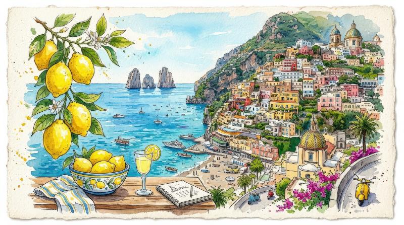 An Amalfi lemon travel sketch with Italian coastal icons, Positano, Capri and Ravello spirit woven into a breezy watercolor-like seaside doodle, ultra-realistic, no logos.