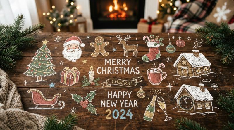 Retro Christmas and New Year icons in doodle sketch style, cozy winter motifs with chalky texture and a festive nostalgic holiday mood, ultra-realistic, no logos.