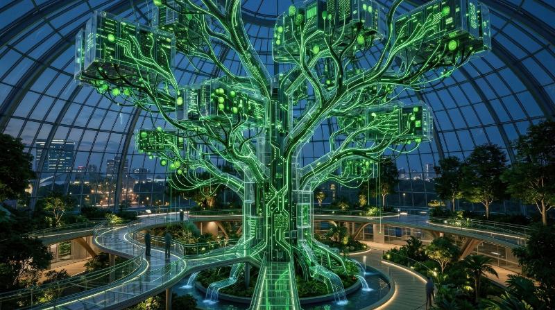 A sustainable AI server network growing like a digital plant, green circuitry branching across transparent hardware, eco-technology atmosphere, soft futuristic glow, ultra-realistic, no logos.