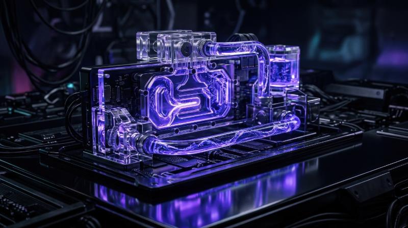 Cyber elements made of transparent glass and liquid acrylic with purple-blue glow on black, cinematic reflections and sleek tech-cover atmosphere, ultra-realistic, no logos.