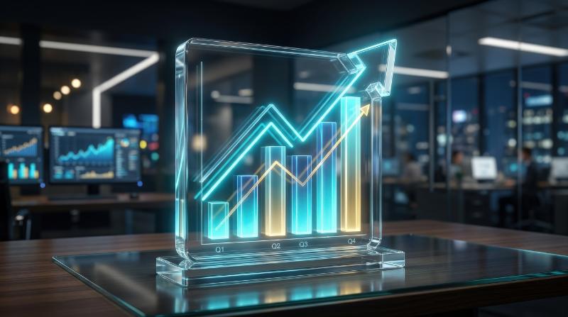 A transparent glass growth chart icon with rising trend lines and glowing bars, sleek business analytics atmosphere, ultra-realistic, no logos.