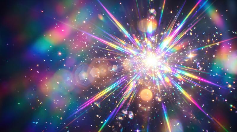 An iridescent rainbow reflection with crystal prism rays, sparkles, lens flare and blurred holographic gradients, luminous surreal atmosphere, ultra-realistic, no logos.