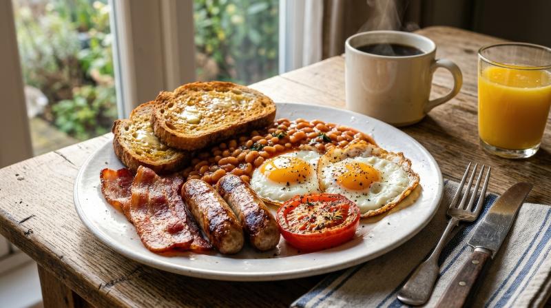 A hearty cooked breakfast on a white plate with fried eggs, bacon, sausages, baked beans, grilled tomatoes, and toast, rich textures and warm morning light, ultra-realistic, no logos.