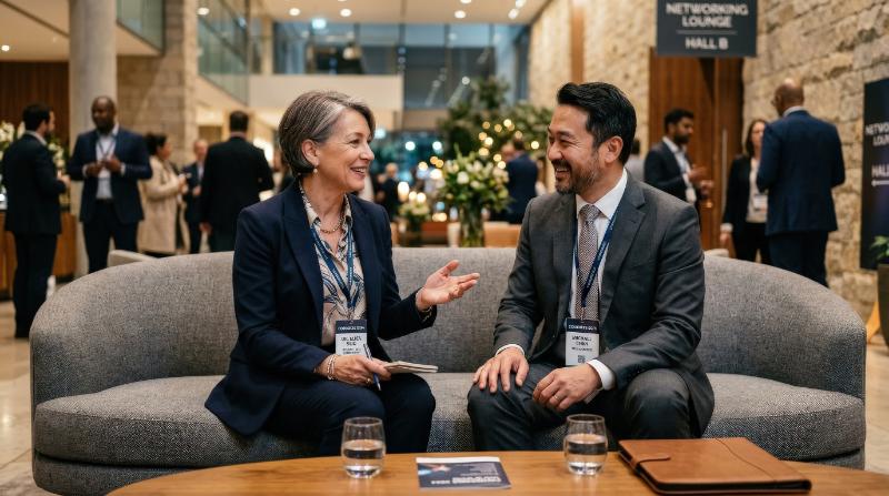 A happy mature businesswoman talking with a male entrepreneur while sitting on a sofa in a congress center, elegant lobby, event badges, warm ambient light, refined networking mood, ultra-realistic,