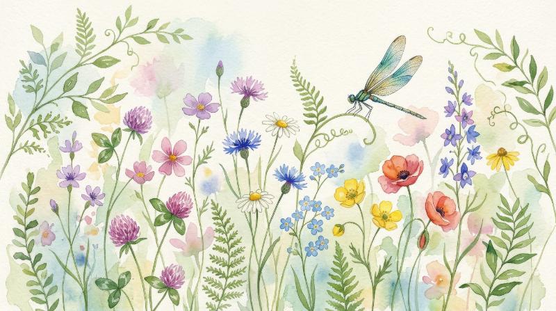 A watercolor floral background with delicate wildflowers, whimsical green branches and a dragonfly, soft handcrafted freshness, tender decorative mood, ultra-realistic, no logos.