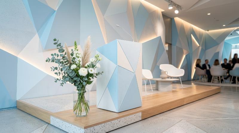 A pastel blue and white podium scene with geometric interior shapes, fresh modern styling and soft promotional elegance, ultra-realistic, no logos.