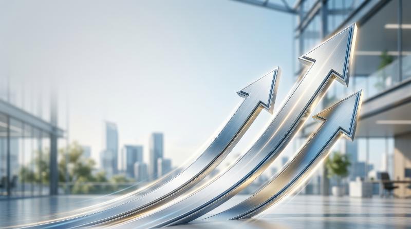 Three arrows pointing upward and forward with copy space, clean abstract composition, symbolizing growth, progress, success and future direction, polished business mood, ultra-realistic, no logos.