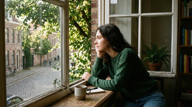 A thoughtful young person leaning on a windowsill, watching the world outside, soft sunlight through nearby leaves, quiet reflective atmosphere, ultra-realistic, no logos.