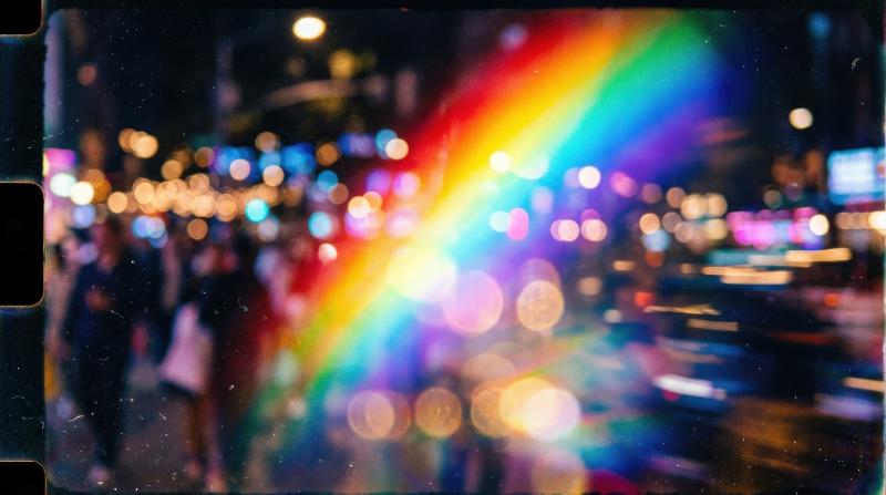 Abstract rainbow light leak on transparency with bokeh and motion blur, luminous film lens glow and dreamy analog atmosphere, ultra-realistic, no logos.