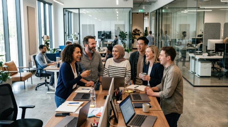 A lively group of coworkers sharing laughter in a contemporary office, open desks and glass partitions around them, natural daylight on polished surfaces, candid energy and warm collaborative mood,