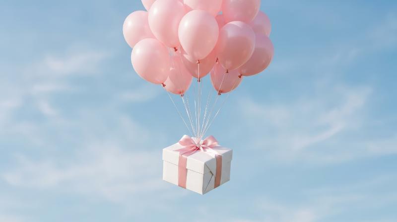 A white gift box with a pink ribbon floating upward, lifted by pale pink balloons against a soft blue background, airy celebratory mood and clean minimal styling, ultra-realistic, no logos.