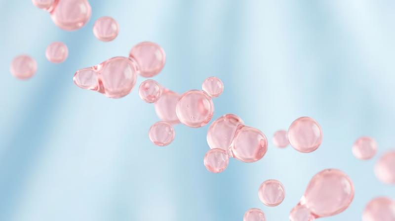 Light airy droplets in soft pink tones suspended over a pale blue background, delicate contours, fresh volume and graceful abstract motion, ultra-realistic, no logos.