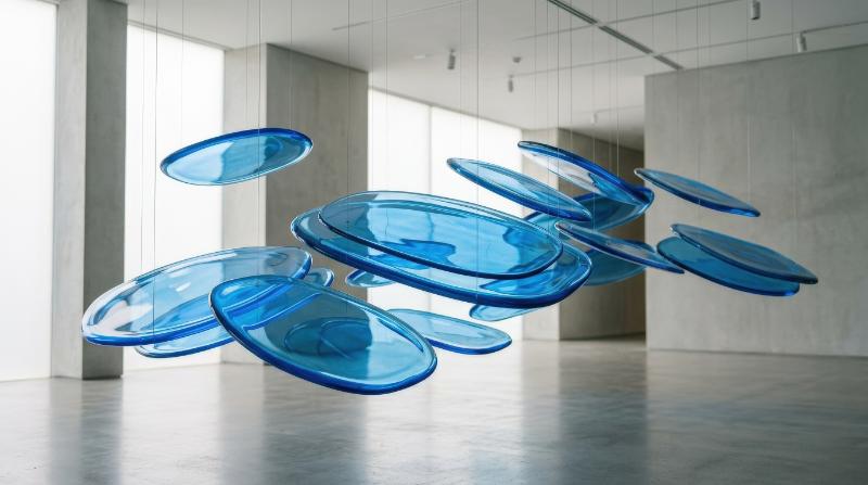 Floating blue glass plates with rounded edges and translucent layers, crisp reflections and calm modern minimalism, ultra-realistic, no logos.