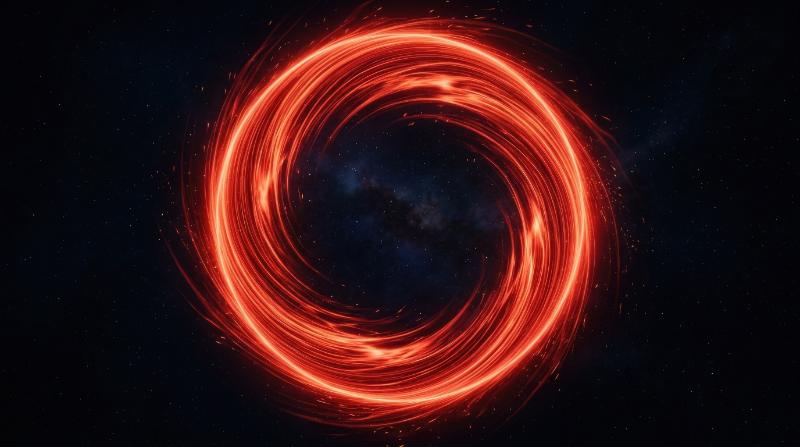 An abstract red energy ring made of smooth plasma lines on dark background, glowing circular motion and powerful sci-fi calm, ultra-realistic, no logos.