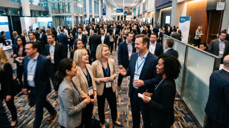 High-angle view of a cheerful businessman speaking with female corporate professionals at a convention center networking event, name badges, modern venue, lively crowd blur, upbeat business energy,