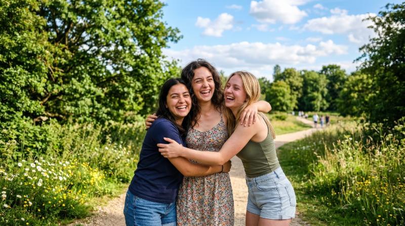 Three friends laughing and embracing outdoors on a sunny day, casual clothing, spontaneous joy, greenery and open sky behind them, vivid summer atmosphere, ultra-realistic, no logos.