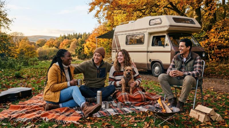 A diverse group of cheerful young friends with a cute dog by a motorhome during an autumn camping trip, cozy blankets, golden leaves, countryside backdrop, relaxed weekend adventure mood,
