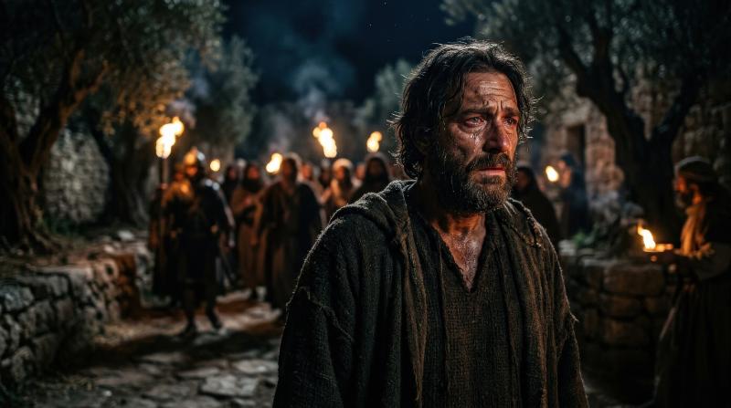 A tearful man gazing into the distance, blurred figures and torchlight behind him suggesting betrayal, textured face and sorrowful expression in a dark biblical atmosphere, ultra-realistic, no logos.