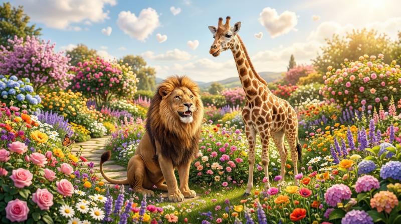A happy lion and giraffe standing together in a colorful flower garden with heart-shaped accents in the sky, vibrant blooms and sunny light, playful joyful atmosphere, ultra-realistic, no logos.