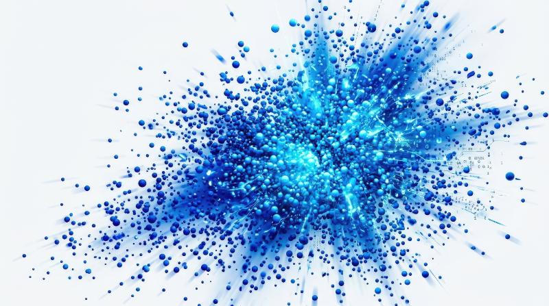 Blue particles exploding across a white background, flying round granules, gradient splash, science and data-flow energy, ultra-realistic, no logos.