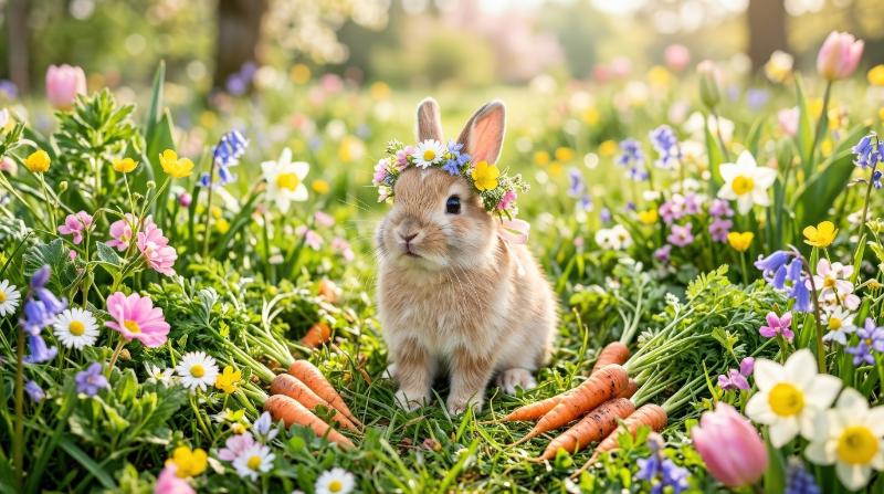 A cute Easter bunny surrounded by carrots and spring blossoms, soft fur, pastel meadow details, bright morning light, playful seasonal joy, ultra-realistic, no logos.