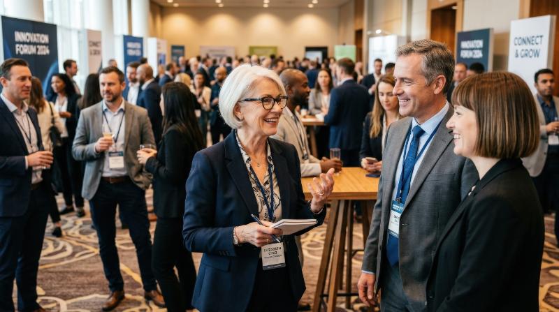 A smiling senior female business expert wearing eyeglasses while discussing with colleagues at a networking event in a convention center, elegant attire, warm ambient light, ultra-realistic, no logos.