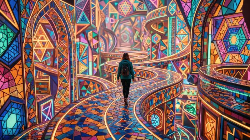 A lone person navigating colorful winding pathways in an abstract artistic space, vivid geometric patterns, surreal depth, radiant hues and immersive composition, dreamlike creative atmosphere,