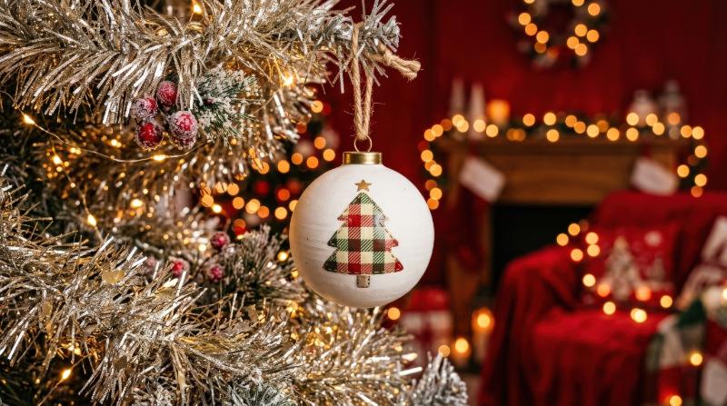 A white Christmas ornament with a plaid tree design hanging on tinsel garland, glowing fairy lights on a red festive background, cozy handcrafted holiday mood, ultra-realistic, no logos.