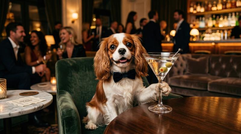 A dog holding a martini glass in a playful lounge scene, glossy glass reflections, humorous expression and chic party mood, ultra-realistic, no logos.