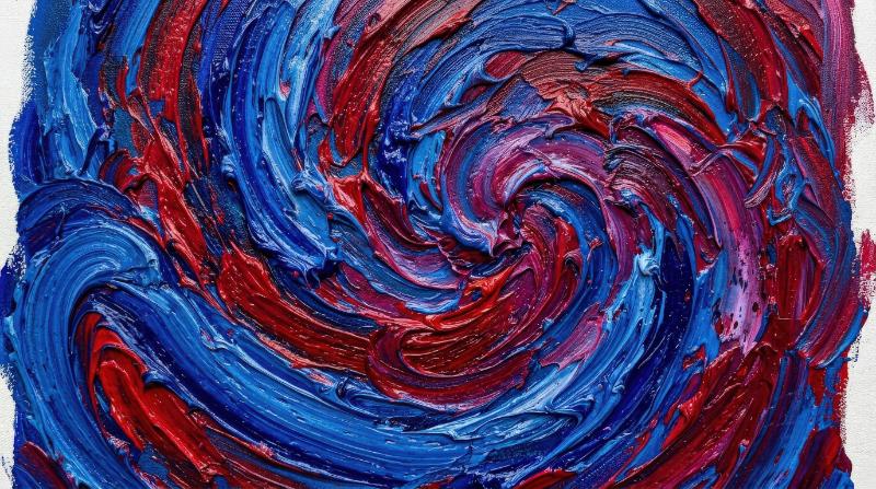 A swirling abstract pattern of blue and red brush textures, dynamic layered motion and sculptural color depth, ultra-realistic, no logos.