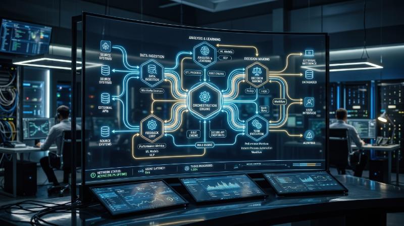 An AI agent network diagram for an automation process flow system, connected modules, luminous paths, polished digital dashboard, ultra-realistic, no logos.