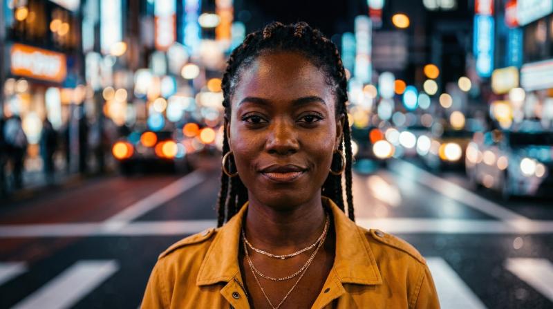 A confident African woman crossing a road in an illuminated night city, close-up portrait with glowing headlights and neon bokeh, stylish expression, cinematic urban atmosphere, ultra-realistic, no