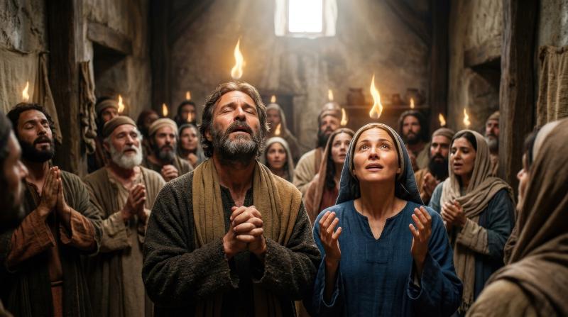 A man and woman receiving tongues of fire at Pentecost, uplifted faces glowing with divine flame, flowing robes, gathered believers and sacred interior light, awe-filled apostolic atmosphere,