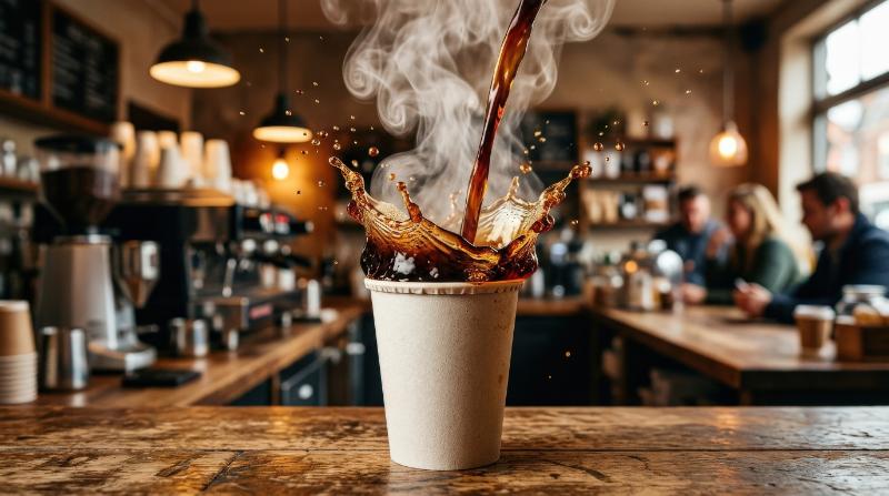 Hot coffee splashing into a paper cup with steam rising, rich liquid motion, warm tones, dramatic cafe lighting, energizing fresh-brew atmosphere, ultra-realistic, no logos.