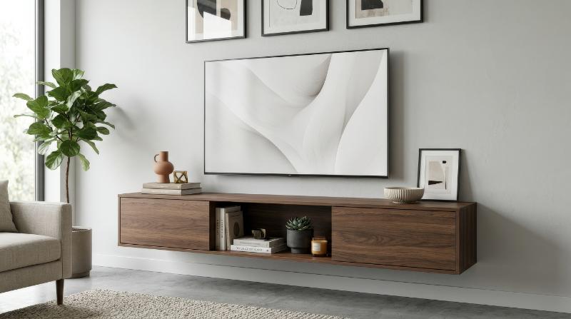 A wall-mounted TV cabinet with decorative accessories, modern composition, refined materials and bright studio clarity, ultra-realistic, no logos.