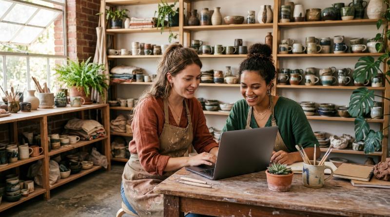 Young female ceramists using a laptop together in their store, handmade pottery on shelves, earthy textures, natural studio light and creative entrepreneurial atmosphere, ultra-realistic, no logos.