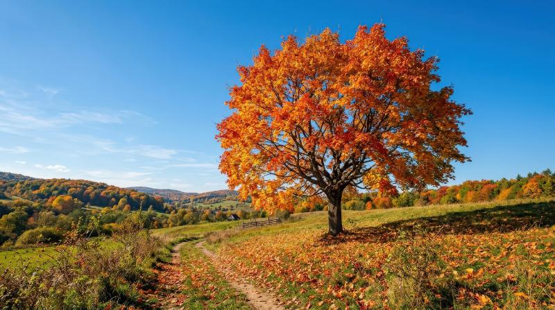 A beautiful autumn tree beneath a clear blue sky, glowing seasonal foliage and bright natural tranquility, ultra-realistic, no logos.
