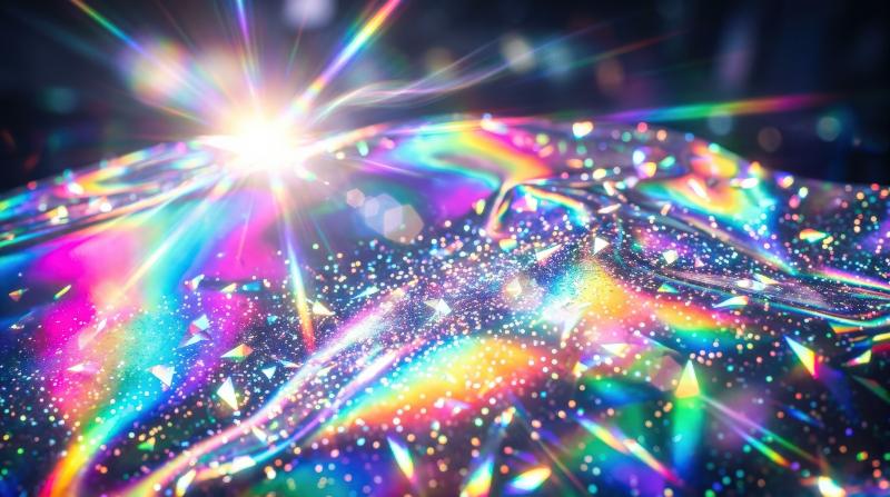 An iridescent rainbow gradient with prism reflections, sparkles, lens flare and silky holographic color transitions, luminous futuristic mood, ultra-realistic, no logos.