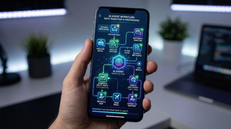 An AI agent automation workflow displayed on a smartphone screen, compact digital interface, glowing process icons, clean modern app design, soft futuristic lighting, ultra-realistic, no logos.
