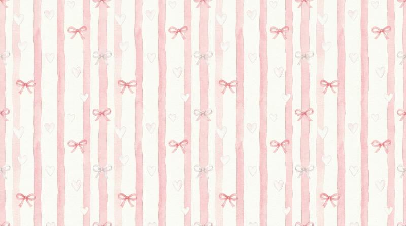 A simple sweet watercolor seamless pattern with pink vertical stripes, delicate white hearts and tiny bows, airy romantic texture for Valentine stationery, ultra-realistic, no logos.