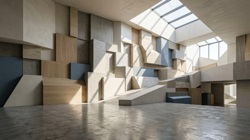 A background of abstract geometric blocks, layered forms and directional light creating a clean contemporary design space, ultra-realistic, no logos.