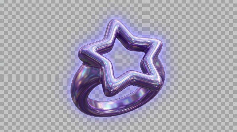 A holographic star frame ring in glossy purple pearl tones, isolated on transparent background, iridescent reflections, smooth inflated contour, mystical celestial glow, ultra-realistic, no logos.